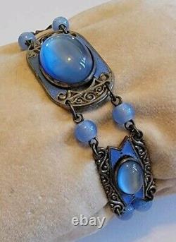 Antique Art Deco Blue Enamel Czech Cat Eye Glass Bracelet