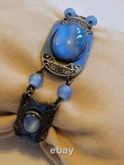 Antique Art Deco Blue Enamel Czech Cat Eye Glass Bracelet