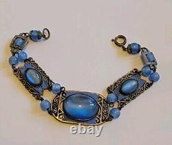 Antique Art Deco Blue Enamel Czech Cat Eye Glass Bracelet