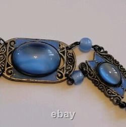 Antique Art Deco Blue Enamel Czech Cat Eye Glass Bracelet