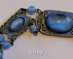 Antique Art Deco Blue Enamel Czech Cat Eye Glass Bracelet