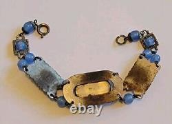 Antique Art Deco Blue Enamel Czech Cat Eye Glass Bracelet