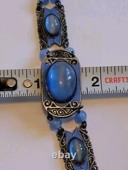 Antique Art Deco Blue Enamel Czech Cat Eye Glass Bracelet