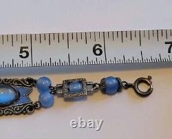 Antique Art Deco Blue Enamel Czech Cat Eye Glass Bracelet