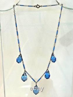 Antique Art Deco Blue Enamel Czech Crystal Briolette Necklace and Bracelet Set