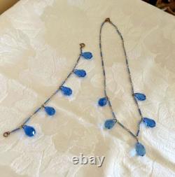 Antique Art Deco Blue Enamel Czech Crystal Briolette Necklace and Bracelet Set