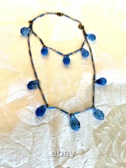 Antique Art Deco Blue Enamel Czech Crystal Briolette Necklace and Bracelet Set