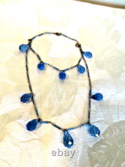 Antique Art Deco Blue Enamel Czech Crystal Briolette Necklace and Bracelet Set