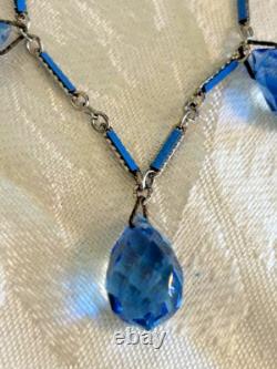Antique Art Deco Blue Enamel Czech Crystal Briolette Necklace and Bracelet Set