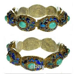 Antique Art Deco Chinese Export Turquoise Enamel Sterling Filigree Bracelet 1237