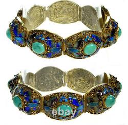 Antique Art Deco Chinese Export Turquoise Enamel Sterling Filigree Bracelet 1237