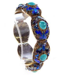 Antique Art Deco Chinese Export Turquoise Enamel Sterling Filigree Bracelet 1237