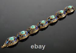 Antique Art Deco Chinese Export Turquoise Enamel Sterling Filigree Bracelet 1237