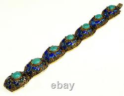 Antique Art Deco Chinese Export Turquoise Enamel Sterling Filigree Bracelet 1237