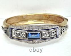 Antique Art Deco Silver & Gold filled Bangle Bracelet enamel with blue Rhinestone