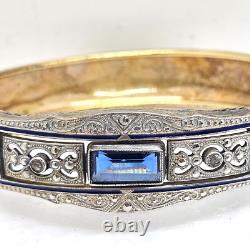 Antique Art Deco Silver & Gold filled Bangle Bracelet enamel with blue Rhinestone