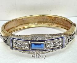 Antique Art Deco Silver & Gold filled Bangle Bracelet enamel with blue Rhinestone