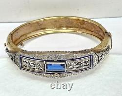 Antique Art Deco Silver & Gold filled Bangle Bracelet enamel with blue Rhinestone