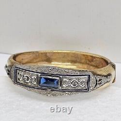Antique Art Deco Silver & Gold filled Bangle Bracelet enamel with blue Rhinestone