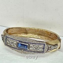 Antique Art Deco Silver & Gold filled Bangle Bracelet enamel with blue Rhinestone