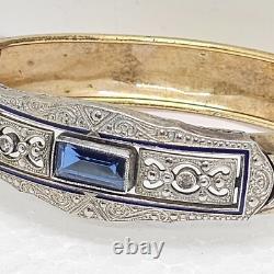 Antique Art Deco Silver & Gold filled Bangle Bracelet enamel with blue Rhinestone