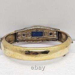 Antique Art Deco Silver & Gold filled Bangle Bracelet enamel with blue Rhinestone