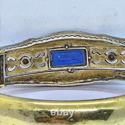 Antique Art Deco Silver & Gold filled Bangle Bracelet enamel with blue Rhinestone