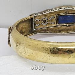 Antique Art Deco Silver & Gold filled Bangle Bracelet enamel with blue Rhinestone