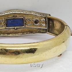 Antique Art Deco Silver & Gold filled Bangle Bracelet enamel with blue Rhinestone