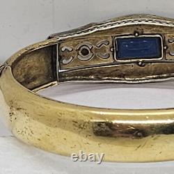 Antique Art Deco Silver & Gold filled Bangle Bracelet enamel with blue Rhinestone