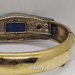 Antique Art Deco Silver & Gold filled Bangle Bracelet enamel with blue Rhinestone