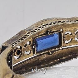 Antique Art Deco Silver & Gold filled Bangle Bracelet enamel with blue Rhinestone