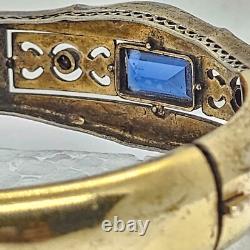 Antique Art Deco Silver & Gold filled Bangle Bracelet enamel with blue Rhinestone