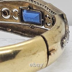 Antique Art Deco Silver & Gold filled Bangle Bracelet enamel with blue Rhinestone