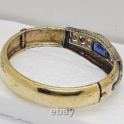 Antique Art Deco Silver & Gold filled Bangle Bracelet enamel with blue Rhinestone
