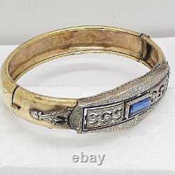 Antique Art Deco Silver & Gold filled Bangle Bracelet enamel with blue Rhinestone