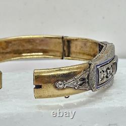 Antique Art Deco Silver & Gold filled Bangle Bracelet enamel with blue Rhinestone