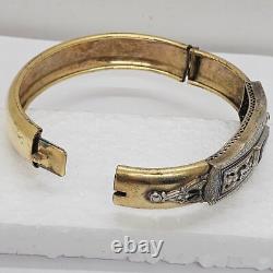 Antique Art Deco Silver & Gold filled Bangle Bracelet enamel with blue Rhinestone