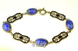 Antique Art Deco Sterling Silver Black Enamel & Blue Art Glass 7 Bracelet