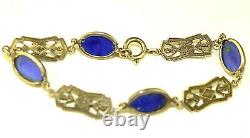 Antique Art Deco Sterling Silver Black Enamel & Blue Art Glass 7 Bracelet