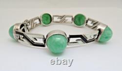 Antique Art Deco Sterling Silver Bracelet with Enamel & Amazonite Cabochons