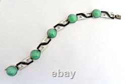 Antique Art Deco Sterling Silver Bracelet with Enamel & Amazonite Cabochons