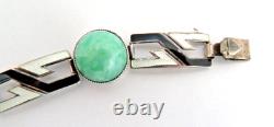 Antique Art Deco Sterling Silver Bracelet with Enamel & Amazonite Cabochons