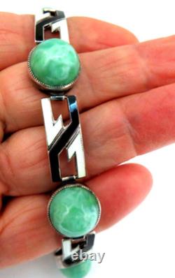 Antique Art Deco Sterling Silver Bracelet with Enamel & Amazonite Cabochons