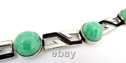 Antique Art Deco Sterling Silver Bracelet with Enamel & Amazonite Cabochons
