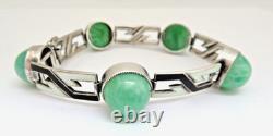 Antique Art Deco Sterling Silver Bracelet with Enamel & Amazonite Cabochons