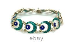 Antique Art Nouveau 800-Grade Silver Blue-Green Enamel Filigree Link Bracelet