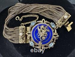 Antique Austro Hungarian Gold Filled Bracelet Hippocampus Blue Guilloche Enamel