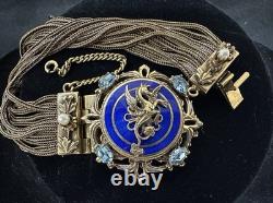 Antique Austro Hungarian Gold Filled Bracelet Hippocampus Blue Guilloche Enamel