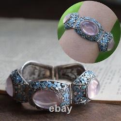 Antique Big Chinese filigree enamel rose quartz bracelet Sterling silver 47g